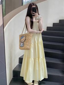 Summer Yellow Dress Womens Beach Vacation Style Strap A-Line Long Dress Gentle Wind Retro Waist-Cinched Sleeveless Gown