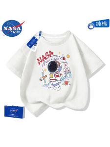 NASA Outer Space Astronauts Short Sleeve Boys and Girls Western Style Summer Cartoon Rocket Pure Cotton T-shirt Medium and Large Childrens Jacket