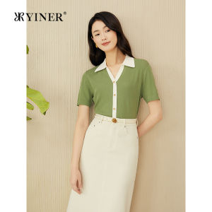 YINER | Sericin-Containing Elegant Color Blocking Seagull Collar Knitwear