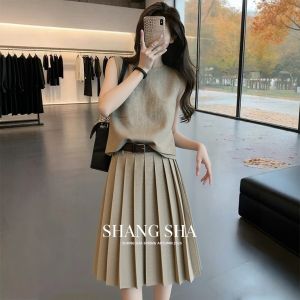 SHANGSHA | Elegant Dignified Short Womens Pleated Dress Set