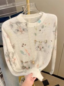 เสื้อสเวตเตอร์ถักแขนยาวลายแมว คอกลม เสื้อผ้าผู้หญิงฤดูใบไม้ร่วง แฟชั่น ทรงเข้ารูป เสื้อคลุมกันหนาว คอกลม เสื้อผ้าทำงาน