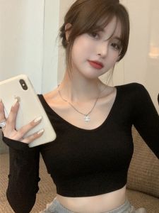 Retro American Modal Slim Fit Short Sleeve Long T-Shirt Womens Spring Autumn Inner Wear Base Shirt Top Ins Style Pure Color V-neck