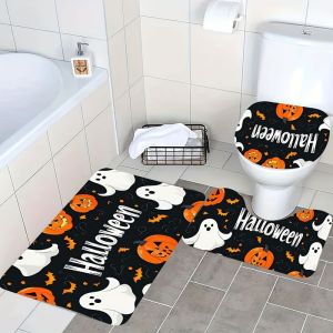 VIKAMA Halloween Bathroom Mat Set 3‑Pcs Pumpkin Ghost Bat Print Washable Non‑Slip Toilet Lid Cover U‑Shaped Bath Rug Home Decor