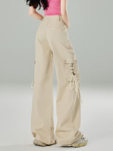 QIAOMIDUO | Summer Khaki Workwear Jeans Womens Straight Leg Wide Leg Tied Loose Fit Cotton Blend Thin Denim High Waist Long Pants