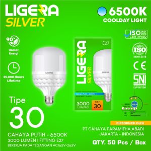 LIGERA SILVER 30W lampu LED Bulb cahaya putih 6500K fiting E27