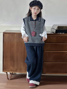 MPW | Girls Preppy Striped Knitwear Set Three-Piece Korean Style Spring Autumn Clothing Warm Breathable Lightweight Machine Washable