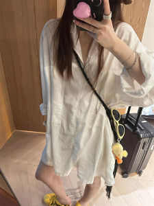 สีขาว ผ้าลินิน ผ้าฝ้าย Cuban ปกเสื้อ เสื้อกันแดดผู้หญิง ฤดูร้อน บาง หลวม สไตล์ขี้เกียจ เสื้อท่อนบน สไตล์เกาหลี ลำลอง แขนยาวสบาย