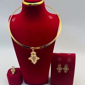 Large Round Collar 24K Gold Cross Necklace & Earrings Set for Dubai Bridal Wedding Jewelry