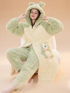 miiow | Thickened Three-Layer Cotton Womens Long Pajamas Coral Fleece Sleepwear Winter Home Clothes Cat People MiiOW Cartoon Style