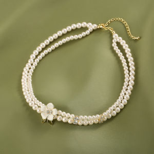 Elegant Double Layer Pearl Necklace Bracelet Set for Women Light Luxury Tea Rose Clavicle Chain White Color Alloy Jewelry