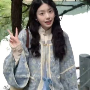 New Chinese Style Heavy Work Milk Blue Button Knitted Open Cardigan Autumn Winter Han Elements National Style Small Fragrance Sweater Coat