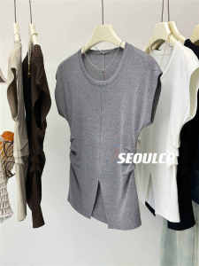 Seoulcp Ice Silk Knitted Top Black Simple Slit Design Short Sleeve Pleated Womens Fashion Summer Commute Slim Fit round Neck