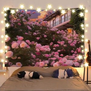 VIKAMA Sunset Golden Mountain & Pink Rose Phong Cảnh Tấm Thảm Treo Tường Trang Trí Cho Phòng Ngủ Phòng Khách Ký Túc Xá Polyester Không Dệt