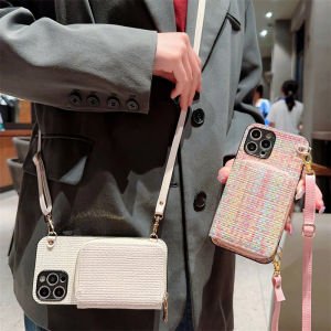 Card Case For Samsung With Diagonal Strap Lanyard Mobile Phone Case With Card holder Cover For Samsung Galaxy S23 Ultra S20 FE S21 Plus S24 Plus S24 Ultra S20 Plus S22 Ultra S23 FE Note10 Plus Note20 Ultra Leather Shell Cards Slot Case With Rope Sling