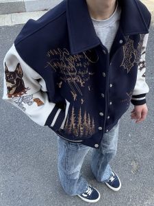 Áo Khoác Bóng Chày Nam Đan Xen Len Thêu Mỹ Mùa Xuân Thu Thường Ngày Dài Tay Nút Không Mũ Áo Khoác Ngoài Thường Ngày