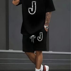 Mens Casual Letter J Print Set – Trendy Short Sleeves Comfortable Summer Streetwear