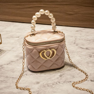 Girls Pearl Bucket Bag Chain Diamond Grid Crossbody Bags Korean Style PVC Material Square Shape Leisure Fashion Mini Size