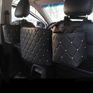Crystal Rhinestone PU Leather Car Storage Bag Organizer Barrier of Backseat Holder Multi-Pockets Car Container Stowing Tidying