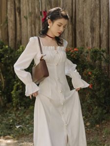 เรียบหรู สีขาว เดรส สไตล์ฝรั่งเศส Midi แขนยาว เดรส ผู้หญิง พิธีลงทะเบียน เดรส ฤดูใบไม้ร่วง ฤดูหนาว น้ำหนักเบา งานแต่งงาน เดรส