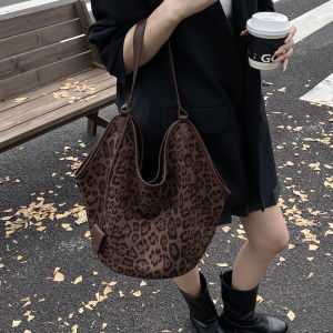 Retro Leopard Print Suede Bucket Bag Womens Large Capacity Single Shoulder Bag Commuter Versatile Tote Bag Autumn Winter New Arrival