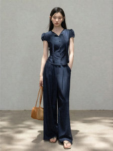 Cantonstory | French Vintage Dark Blue High Waist Wide Leg Pants