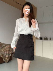 Chic Chinese Style Long Sleeve Shirt And High Waist Mini Skirt Womens Spring Autumn Fashion Set Cotton Material Young Women