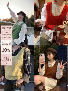 Sweet Candy Color Sleeveless U-Neck Knitted Vest Womens Spring Autumn Single Wear Layering Sweater Short Length Pure Color