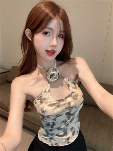 GUZILIAN | Sweet And Spicy Butterfly Print Asymmetrical 3D Flower Halter Vest Womens Outerwear Top Commute Style Short Length Slim Fit