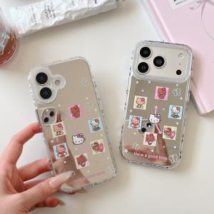Sanrio | Cute Grid Cartoon Sanrio Hello Kitty Makeup Mirror Phone Case For iPhone 15 16 17 Pro Max Kawaii Girl Protector Anti-drop Cover