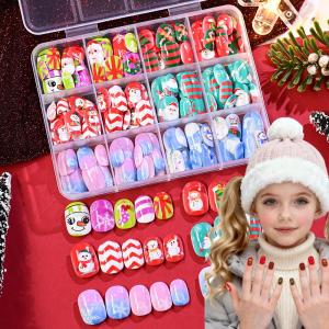 144Pcs/Box Christmas Children Fake Nails Lovely Snowman Snowflakes Press On Nail Short Round False Nails Tips for Xmas Kid Gifts