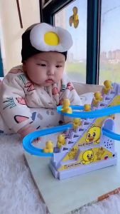 Stair Climbing Toy Children Duck Toys DIY Rail Racing Track Small Duck Climbing Stairs Electric Duck Toys Baby LED Lights Music Roller Coaster