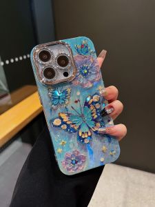 Applicable to Apple Iphone15 Series Online Celebrities Phone Case 14promax Elegance Niche Style Blue White Rose Yellow Wings Butterfly Drop-Resistant 12/13 All-Inclusive Glitter Lens Protector Drop-Resistant New Arrival Protective Case