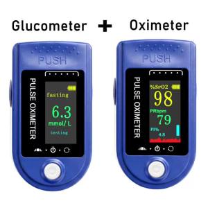 Finger Glucometer & Oximeter 2‑IN1 Pulse Blood Glucose Non‑Invasive Detector Or Healthy Fever Body Thermometer Home Measure Kit