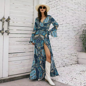 Mermaid Ocean Blue Maxi Dress Petal Sleeve Floor Length One Piece Dresses For Women Vintage Boho Design Night Gown Paisley Pattern Fashion Tea-Dress