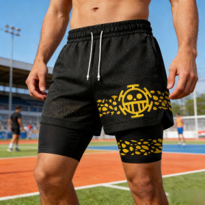 Bandai | 2026 Bandai Trafalgar Law Punk Hazard Anime One Piece Mens Double Layer Fake Two Piece Shorts Gym Workout Summer Quick-dry Y2k