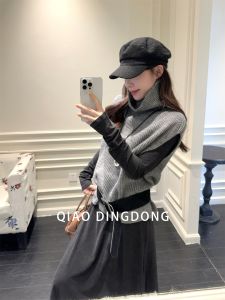 Qiodingdun Lazy Style Versatile High Collar Knitted Vest Long Sleeve Slim Fit Dress Two Piece Set Women Autumn Winter