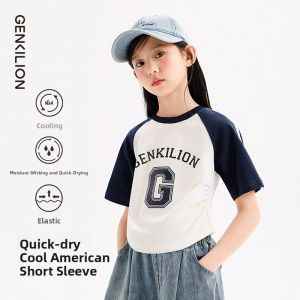 Girls Short Sleeve T-Shirt Color Block Design Quick Dry Breathable Cotton Blend Sporty Style Summer New Arrival Short Length Versatile Top