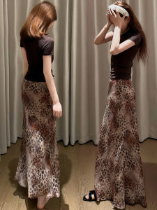YIFANSHI | Chân Váy Maxi In Đốm Báo Hoa Cao Waist Slim A-Line Lụa Băng Drape
