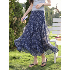 Chân Váy Caro Xanh Phong Cách Retro Cao Waist Xẻ Dưới Không Đều