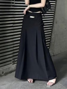 Elegant Black Suit Skirt High Waist Pleated Long Dress Slimming Meat Covering Fashionable Commute Style Korean Version