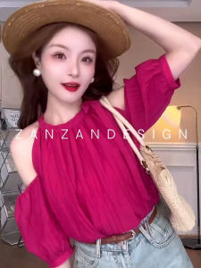 French Sweet Style Shoulder Bared Dragon Fruit Colored Loose Fitting Bubble Sleeve Womens Shirt Spring Summer Casual Wear