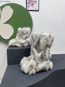 PolarBear Fox Fur Lined Thickened Winter Boots Womens High Top Sheepskin Leather Snow Boots Fashionable Warm Princess Style