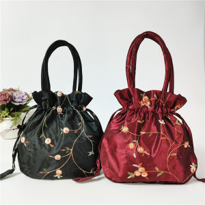 Embroidered Womens Handbag Bucket Shape Mobile Phone Bag Drawstring Soft Polyester Fiber Floral Pattern Ethnic Style Small Size