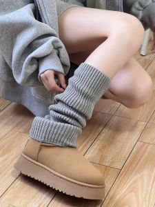 อุ่น สีเทาถัก ฤดูหนาว ถุงเท้า ผู้หญิง ถุงเท้ารองเท้าบู๊ตหิมะสูงเข่า มีสไตล์ ถุงเท้าหลอดสร้างขาสําหรับสุภาพสตรีบ้านสบาย