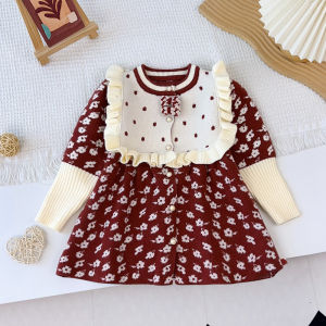 Bear Leader Fashion Girls Red New Year Flower Princess Dress Korean Version Fungus Edge Woolen Warm Christmas Kids Clothes