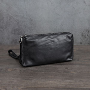 Vintage Long Zipper Wallet Soft Top Layer Cowhide Leather Mens Handbag Fashionable Phone Case Retro Style Casual Purse