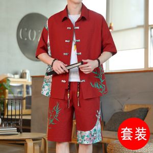 New Chinese Style Mens Shirt Set Thin Short Sleeve Casual Sport Two-Piece Suit Summer Polyester Fiber Youth Hanfu Tang Costume Shorts