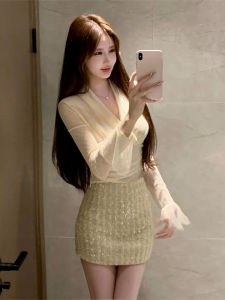 Strive Summer Fashion plus Size Sun Protection Shirt And Mini Skirt Set V Neck Bell Sleeve High Waist Commute Style Womens Ensemble