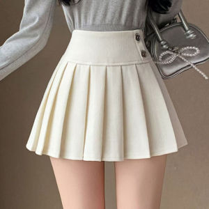 กระโปรงสั้นทรงเอเอวสูงผ้าขนสัตว์สไตล์นักศึกษา กระโปรงสั้นผู้หญิงทรงเข้ารูป กระโปรงสั้นฤดูใบไม้ร่วง/ฤดูหนาว กระโปรงสั้นผู้หญิงสีพื้น