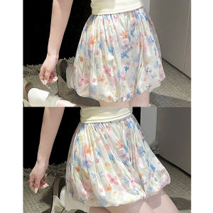 Floral Print Pleated Short Skirt Pants Womens Summer Thin Ice Silk High Waist Slimming Mini Skirt Casual Cloud Short Shorts